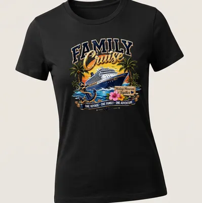 T-shirt featuring a colorful cruise ship and the text 'Making Memories Together ONE VOYAGE ONE FAMILY ONE ADVENTURE 2027.' — printed on a women's shirt