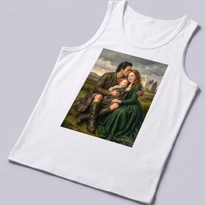 Realistic painting of a family in the Scottish Highlands with parents and child. — printed on a tank top