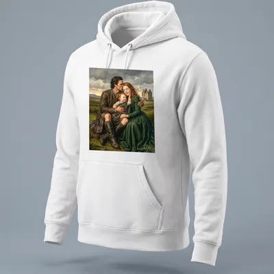 Realistic painting of a family in the Scottish Highlands with parents and child. — printed on a unisex hoodie