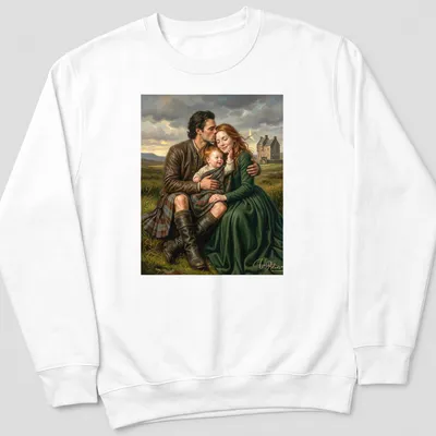 Realistic painting of a family in the Scottish Highlands with parents and child. — printed on a unisex sweatshirt