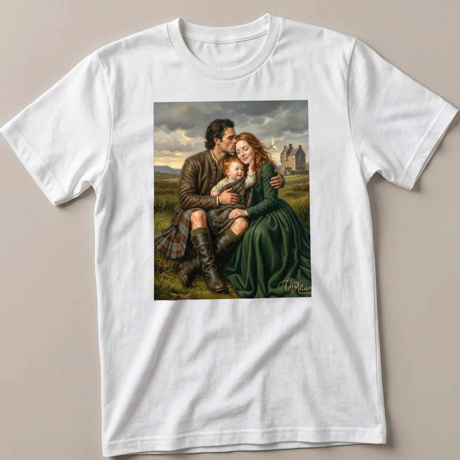 Realistic painting of a family in the Scottish Highlands with parents and child. — printed on a unisex t-shirt