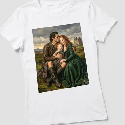 Realistic painting of a family in the Scottish Highlands with parents and child. — printed on a women's shirt