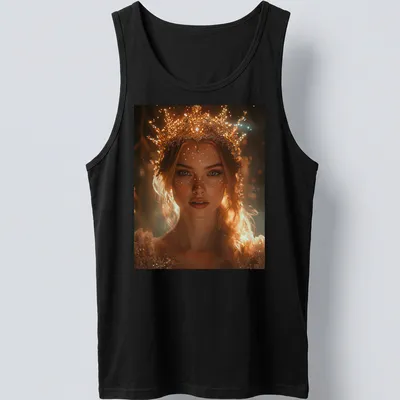 Ethereal portrait of a Fantasy Queen with a crown in soft colors — printed on a tank top