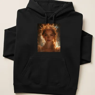 Ethereal portrait of a Fantasy Queen with a crown in soft colors — printed on a unisex hoodie