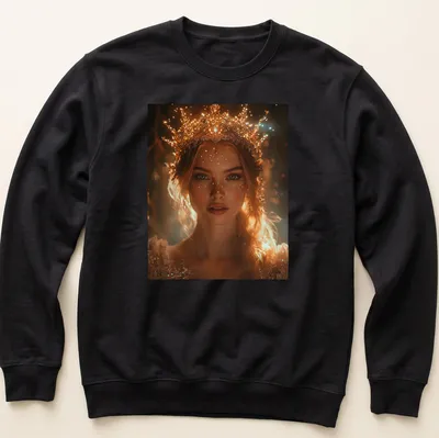 Ethereal portrait of a Fantasy Queen with a crown in soft colors — printed on a unisex sweatshirt