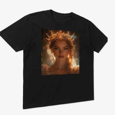 Ethereal portrait of a Fantasy Queen with a crown in soft colors — printed on a unisex t-shirt (angled view)