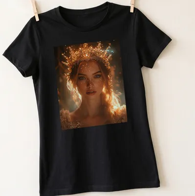 Ethereal portrait of a Fantasy Queen with a crown in soft colors — printed on a women's shirt