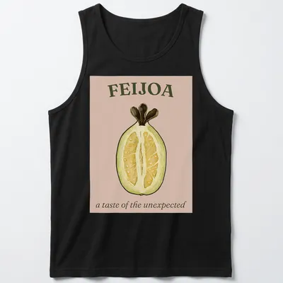 Vintage botanical illustration of feijoa fruit with text in earthy tones — printed on a tank top