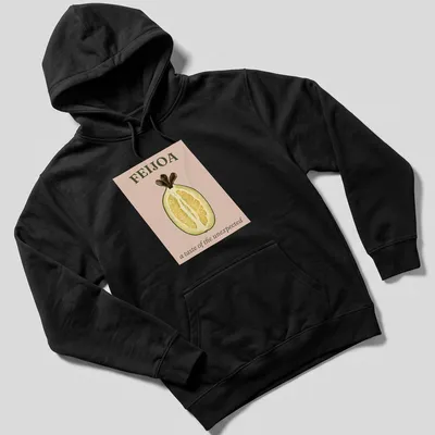 Vintage botanical illustration of feijoa fruit with text in earthy tones — printed on a unisex hoodie