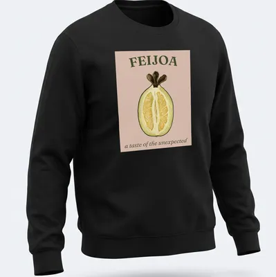 Vintage botanical illustration of feijoa fruit with text in earthy tones — printed on a unisex sweatshirt