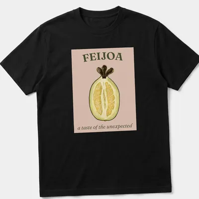 Vintage botanical illustration of feijoa fruit with text in earthy tones