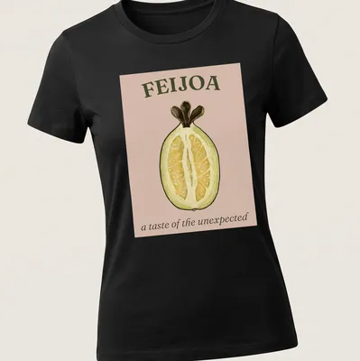 Vintage botanical illustration of feijoa fruit with text in earthy tones — printed on a women's shirt