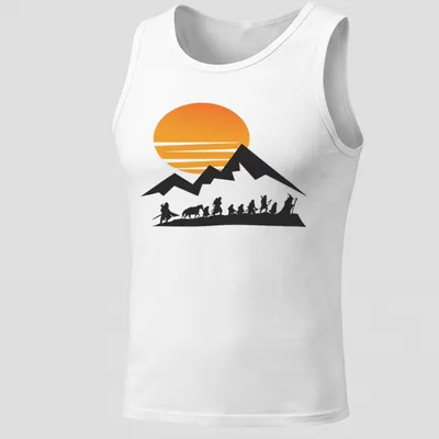 Silhouette of travelers at sunrise with mountains in the background — printed on a tank top