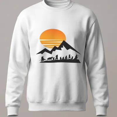 Silhouette of travelers at sunrise with mountains in the background — printed on a unisex sweatshirt