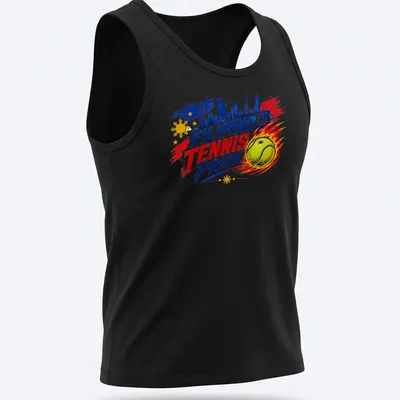 Bold graphic of a tennis ball and skyline with Filipino pride text — printed on a tank top