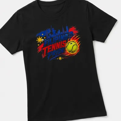 Bold graphic of a tennis ball and skyline with Filipino pride text — printed on a women's shirt
