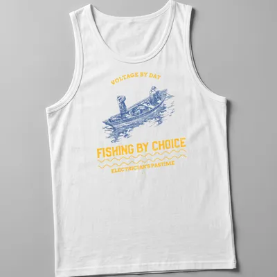Vintage illustration of two fishermen in a boat with text about fishing and electrician's pastime — printed on a tank top