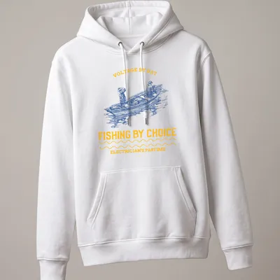 Vintage illustration of two fishermen in a boat with text about fishing and electrician's pastime — printed on a unisex hoodie