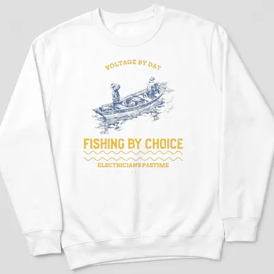 Vintage illustration of two fishermen in a boat with text about fishing and electrician's pastime — printed on a unisex sweatshirt