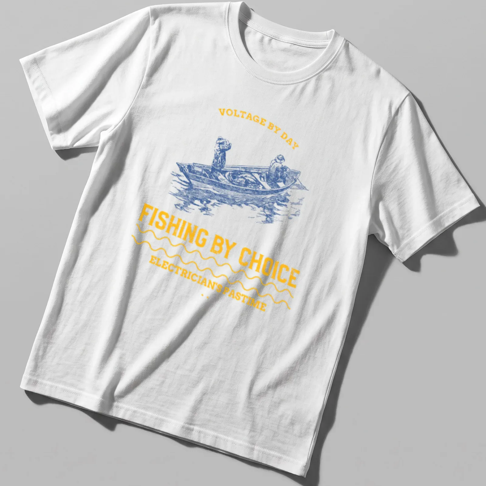 Vintage illustration of two fishermen in a boat with text about fishing and electrician's pastime — printed on a unisex t-shirt