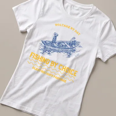 Vintage illustration of two fishermen in a boat with text about fishing and electrician's pastime — printed on a women's shirt
