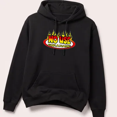 Colorful flames surrounding the bold text 'NO USE FOR A NAME' on a — printed on a unisex hoodie