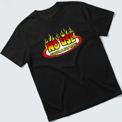 Colorful flames surrounding the bold text 'NO USE FOR A NAME' on a T-shirt