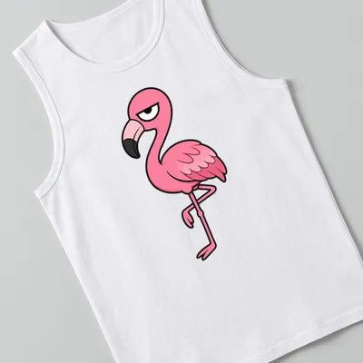 Cartoon flamingo with resting face design in pink, black, and white — printed on a tank top