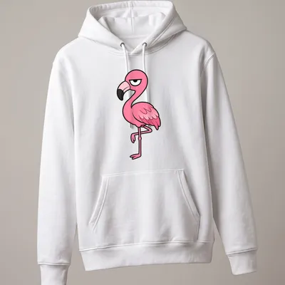 Cartoon flamingo with resting face design in pink, black, and white — printed on a unisex hoodie