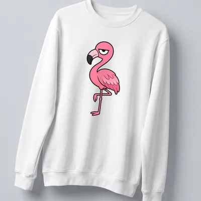 Cartoon flamingo with resting face design in pink, black, and white — printed on a unisex sweatshirt