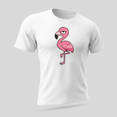 Cartoon flamingo with resting face design in pink, black, and white — printed on a unisex t-shirt (angled view)