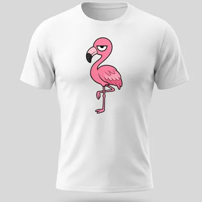 Cartoon flamingo with resting face design in pink, black, and white