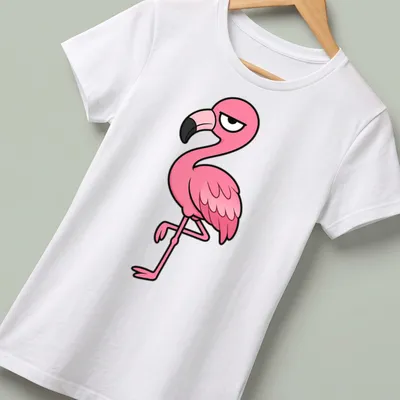 Cartoon flamingo with resting face design in pink, black, and white — printed on a women's shirt