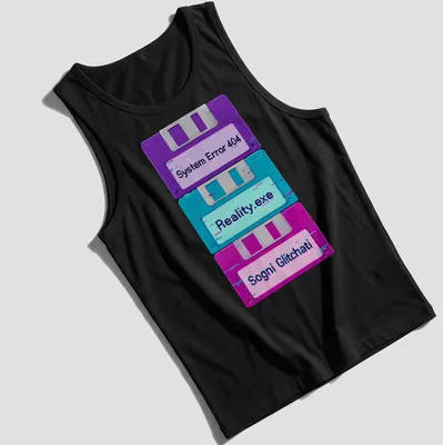 Vaporwave glitch design with floppy disks and retro text in purple, cyan, and pink — printed on a tank top