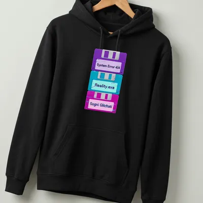 Vaporwave glitch design with floppy disks and retro text in purple, cyan, and pink — printed on a unisex hoodie