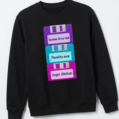 Vaporwave glitch design with floppy disks and retro text in purple, cyan, and pink — printed on a unisex sweatshirt