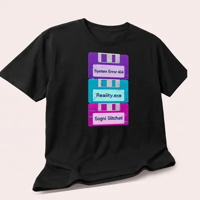 Vaporwave glitch design with floppy disks and retro text in purple, cyan, and pink — printed on a unisex t-shirt (angled view)