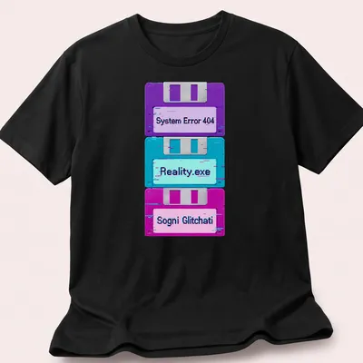 Vaporwave glitch design with floppy disks and retro text in purple, cyan, and pink