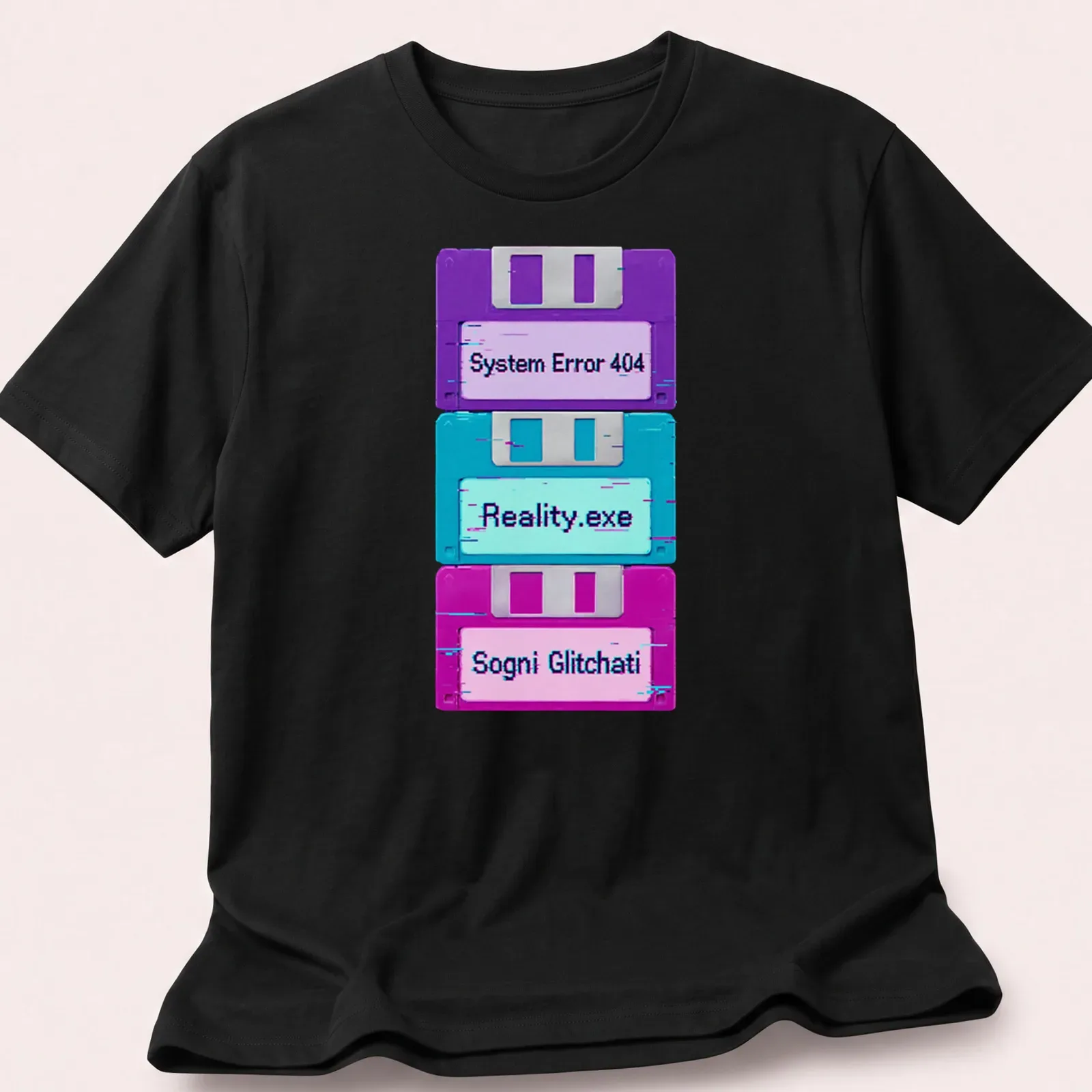 Vaporwave glitch design with floppy disks and retro text in purple, cyan, and pink — printed on a unisex t-shirt