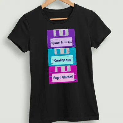 Vaporwave glitch design with floppy disks and retro text in purple, cyan, and pink — printed on a women's shirt