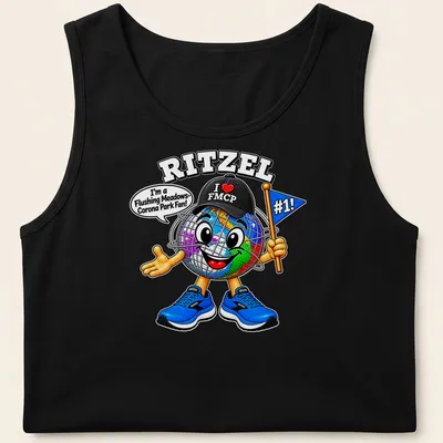 Cartoon globe character with text, representing pride for Flushing Meadows-Corona Park. — printed on a tank top