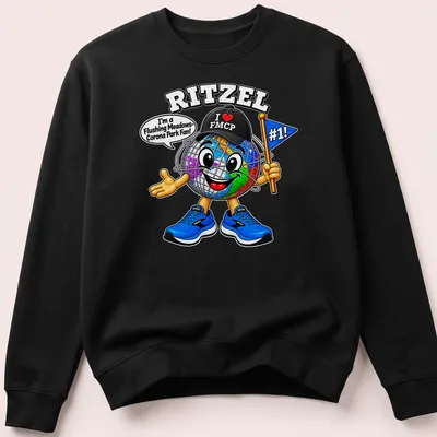Cartoon globe character with text, representing pride for Flushing Meadows-Corona Park. — printed on a unisex sweatshirt