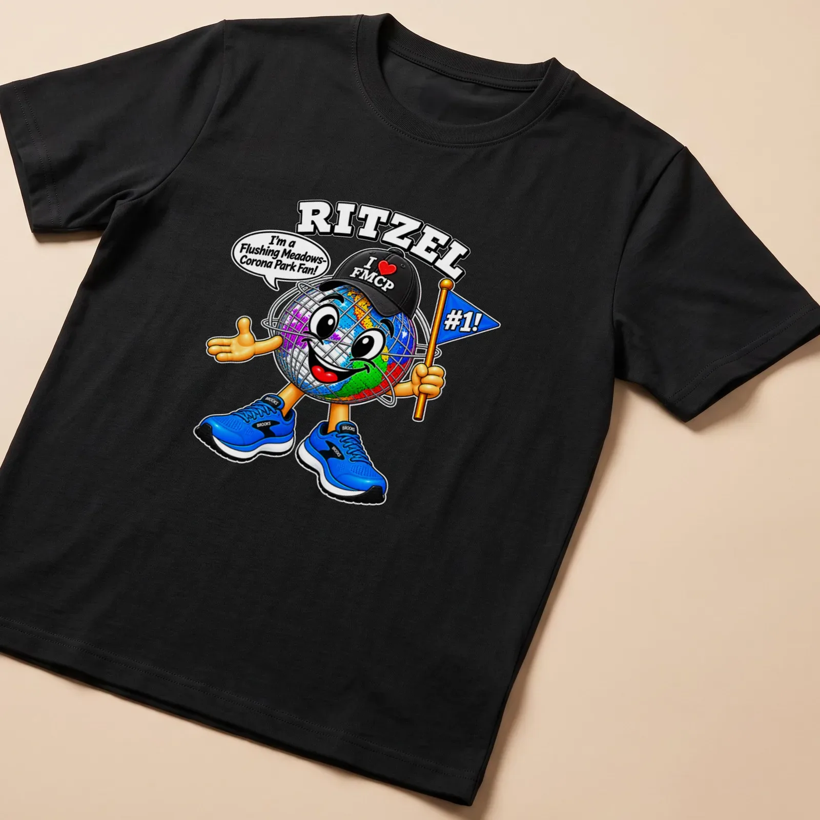 Cartoon globe character with text, representing pride for Flushing Meadows-Corona Park. — printed on a unisex t-shirt