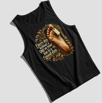 Illustration of a foot with a humorous tagline in ornate style, gold, beige, brown, and white — printed on a tank top
