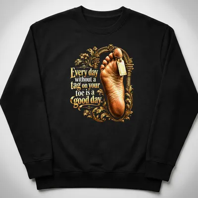 Illustration of a foot with a humorous tagline in ornate style, gold, beige, brown, and white — printed on a unisex sweatshirt