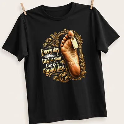 Illustration of a foot with a humorous tagline in ornate style, gold, beige, brown, and white — printed on a unisex t-shirt