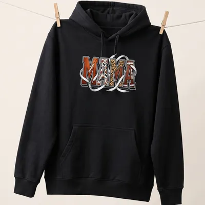 Leopard print t-shirt featuring 'MAMA' in bold lettering for football moms. — printed on a unisex hoodie