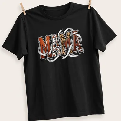 Leopard print t-shirt featuring 'MAMA' in bold lettering for football moms.