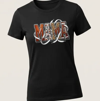 Leopard print t-shirt featuring 'MAMA' in bold lettering for football moms. — printed on a women's shirt