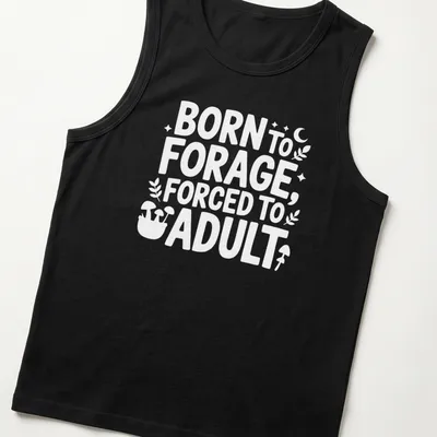 Cartoon-style t-shirt featuring the text 'Born To Forage Forced To Adult' in black and white. — printed on a tank top